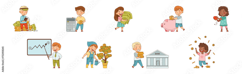 Financial Literacy with Little Children Dealing with Money Cash Vector Set Financial Literacy with Little Children Dealing with Money Cash Vector Set