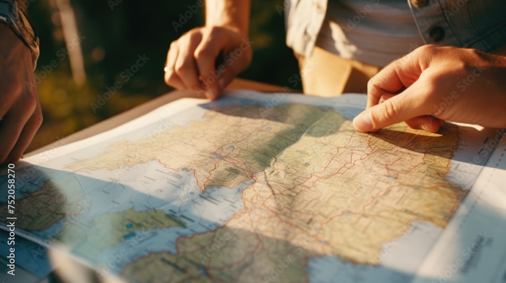 Two individuals studying a map on a table, suitable for travel concepts Two individuals studying a map on a table, suitable for travel concepts