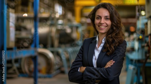 Confident female engineer in business attire at an industrial plant.