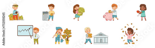 Financial Literacy with Little Children Dealing with Money Cash Vector Set