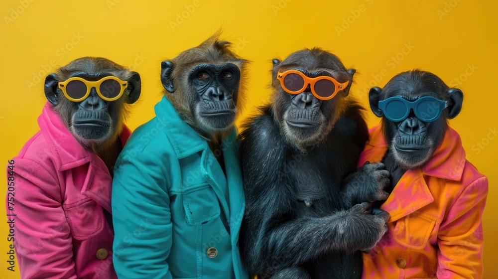 Fototapeta premium Colorful Dressed Chimpanzees with Sunglasses Against Yellow Background