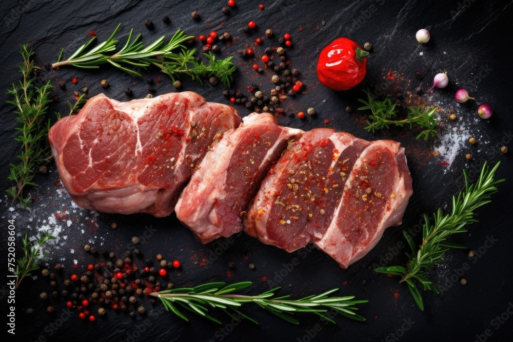 Fresh raw meat displayed on a black background. Perfect for food industry projects