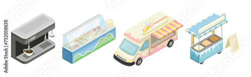 Food Court with Truck and Counter with Fast Snack Isometric Vector Set