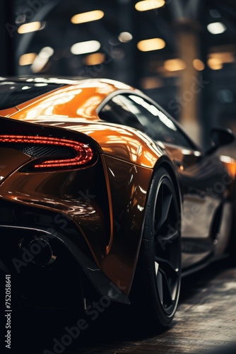 An orange sports car parked in a garage. Suitable for automotive industry promotions © Fotograf