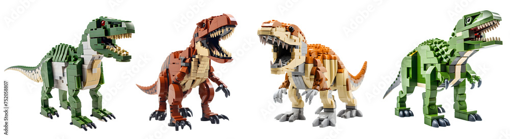 Fototapeta premium dinosaur lego toys isolated on a transparent PNG background, white background , Generative Ai