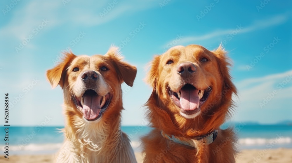 Two dogs sitting on a beach, suitable for pet-related content