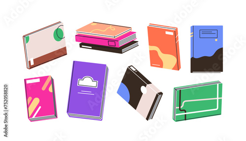 Paper books, notebooks, diaries set. Textbooks, magazines, journals, notepads, note pads, planners. Abstract literature for reading, education. Flat vector illustrations isolated on white background