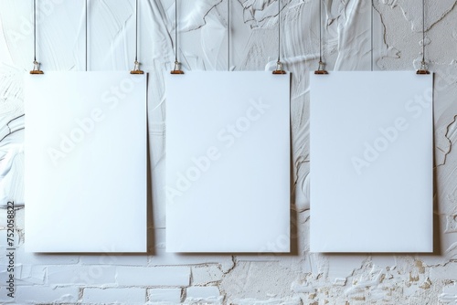 Three blank white posters hanging on a brick wall. Suitable for advertising or announcements photo