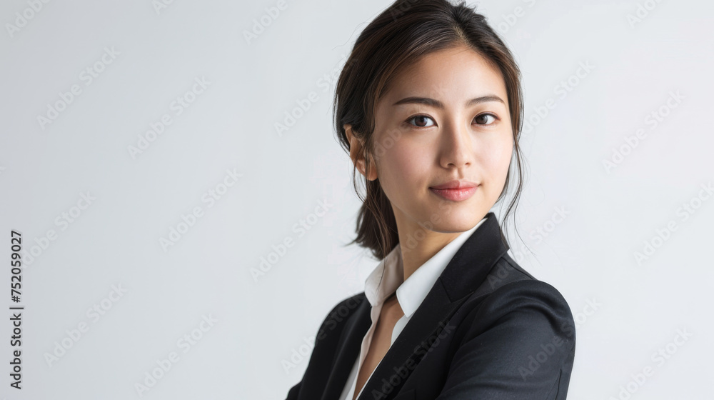 Beautiful studio portrait of young, stylish asian executive businesswoman wearing black blazer suit, looking at camera with confidence on white background Beautiful studio portrait of young, stylish asian executive businesswoman wearing black blazer suit, looking at camera with confidence on white background