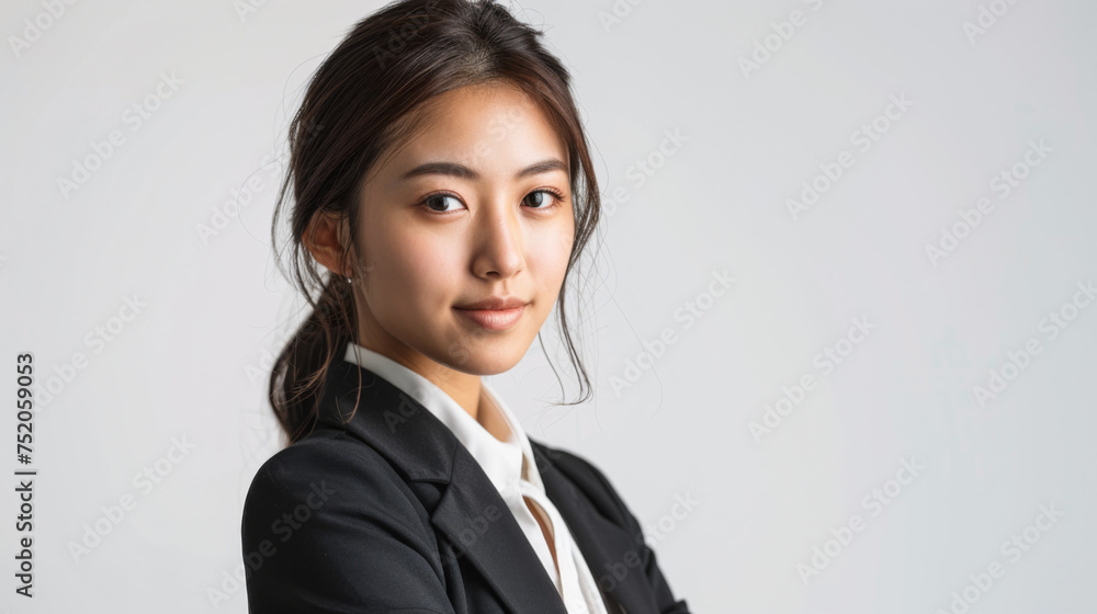Beautiful studio portrait of young, stylish asian executive businesswoman wearing black blazer suit, looking at camera with confidence on white background Beautiful studio portrait of young, stylish asian executive businesswoman wearing black blazer suit, looking at camera with confidence on white background