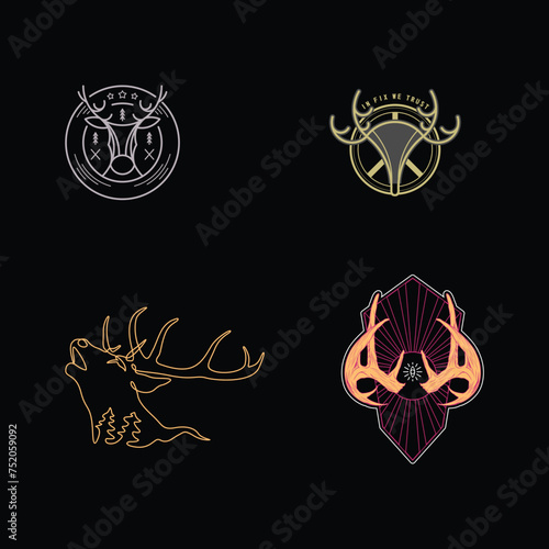 Premium, Modern, Masculine, Playful, Geometric, Deer And Antler Line Art Set Collection Otdoor And Adventure Elements Vector Illustration With Black Background