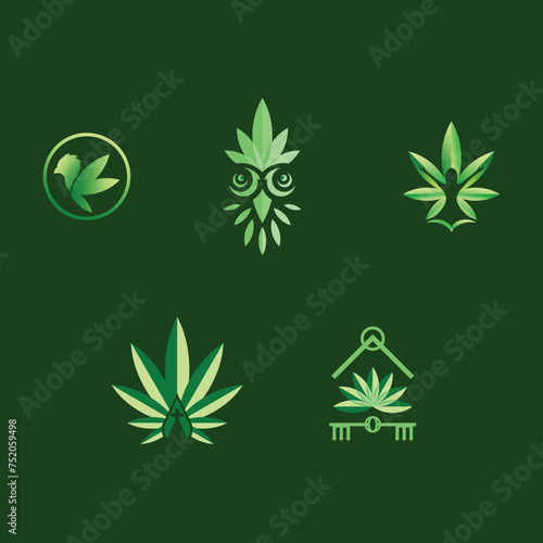 Premium, Modern, Mature, Simple, Geometric, Marijuana Weeds Herbs, Medicine, Yoga Logo Set Collection Elements Vector With Dark Green Background
