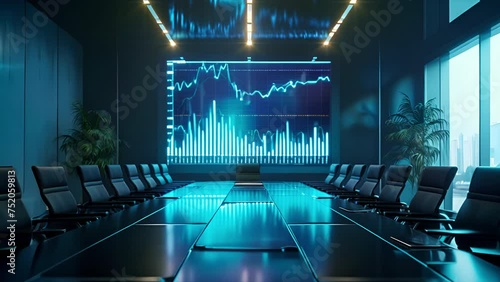 Pushing over a meeting table in a dark teal meeting room with stock charts projected on the wall photo
