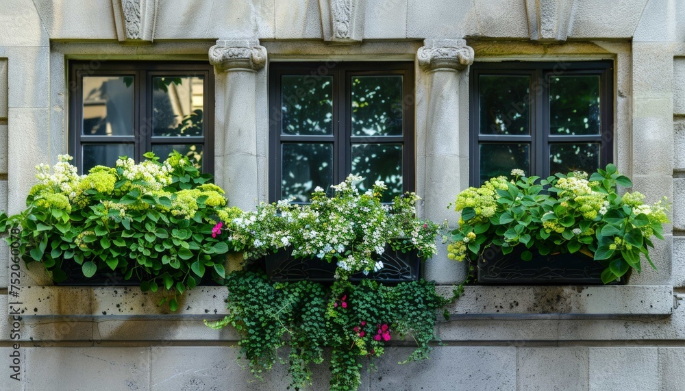Flower filled window boxes. Closeup of green perennial plants in window planters boxes adorning city building. Urban gardening landscaping design