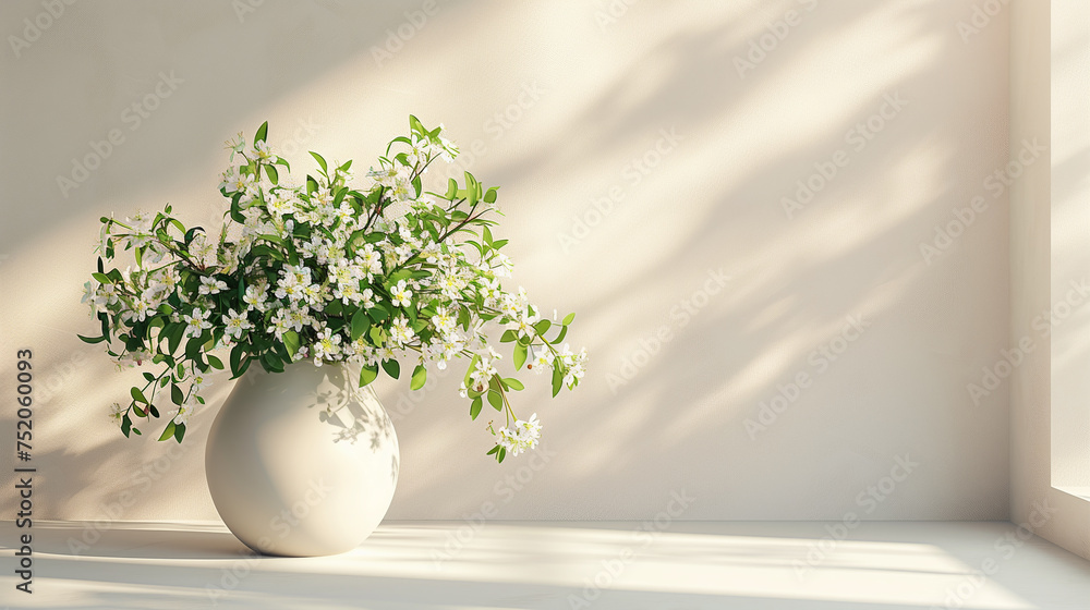 home interior with white flowers in a vase on a light background for product display home interior with white flowers in a vase on a light background for product display
