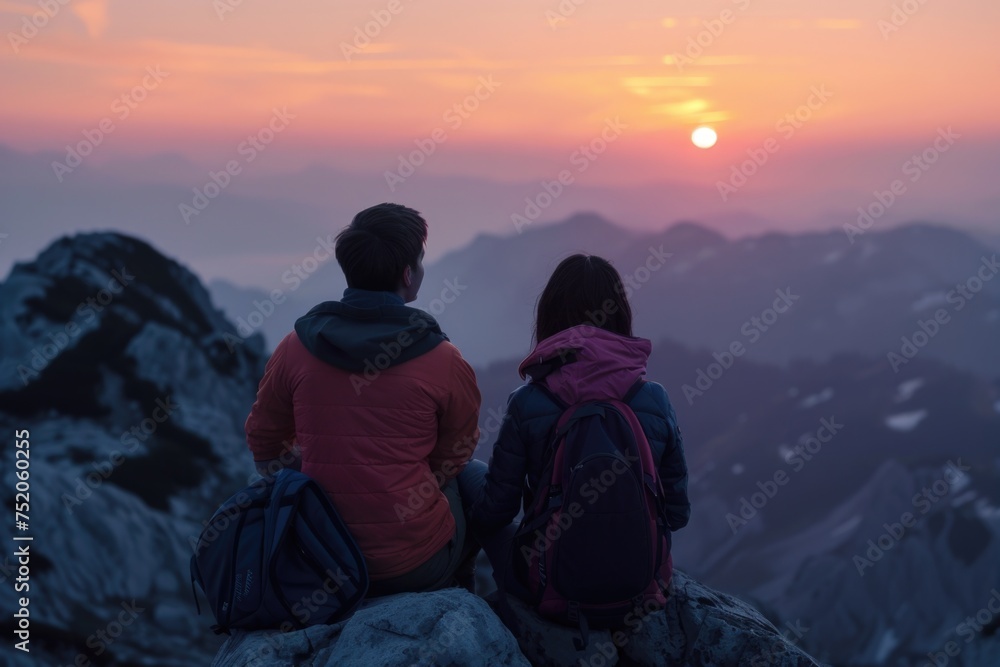 A couple enjoying the view from a mountain top. Perfect for travel blogs or inspirational posters