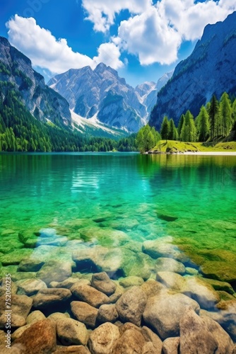 Scenic view of a lake with rocks and mountains in the background. Perfect for travel brochures