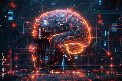 Translucent brain abstraction of futuristic medicine showing chip implantation and connection with artificial intelligence.