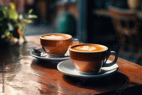 Two cups of coffee on a table, perfect for coffee shop or cafe concept