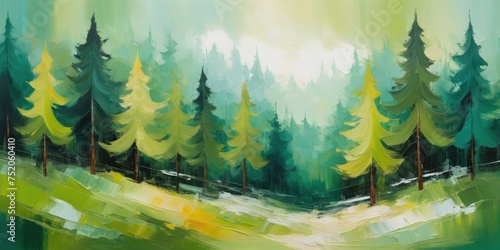 harmonious combination of a pine forest view and soft  green hues.