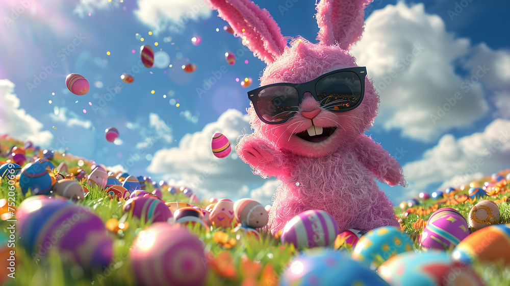 easter bunny in pink and sunglasses with many eastereggs on a field easter bunny in pink and sunglasses with many eastereggs on a field