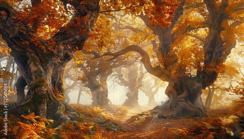 Enchanted magic kingdom forest, majestic ancient old oak trees towering high over the mystical woodland glade in warm autumn colors. Dreamy surreal fairytale fantasy