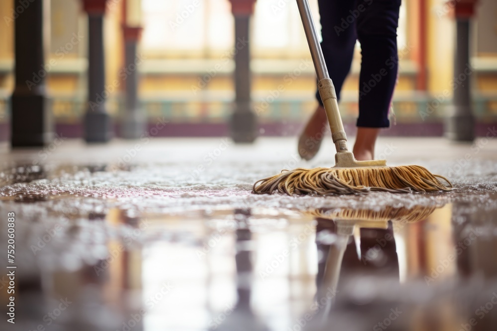 Fototapeta premium Woman using mop to clean the floor, suitable for cleaning services promotions