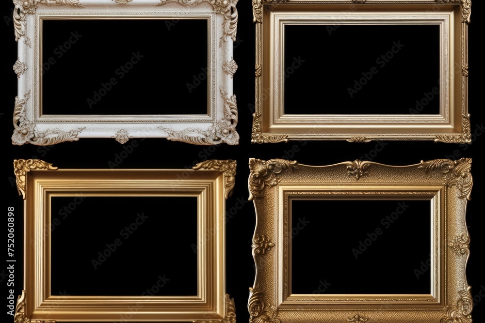 Four elegant gold picture frames on a sleek black background. Perfect for adding a touch of luxury to any design project Four elegant gold picture frames on a sleek black background. Perfect for adding a touch of luxury to any design project