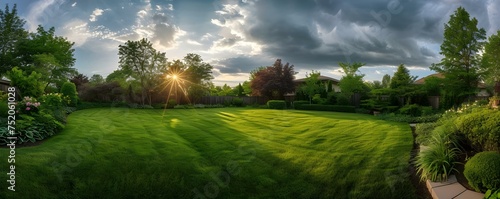 Morning sunlight illuminates a stunning backyard with lush green grass under cloudy skies. Concept Outdoor Photoshoot, Backyard Beauty, Natural Lighting
