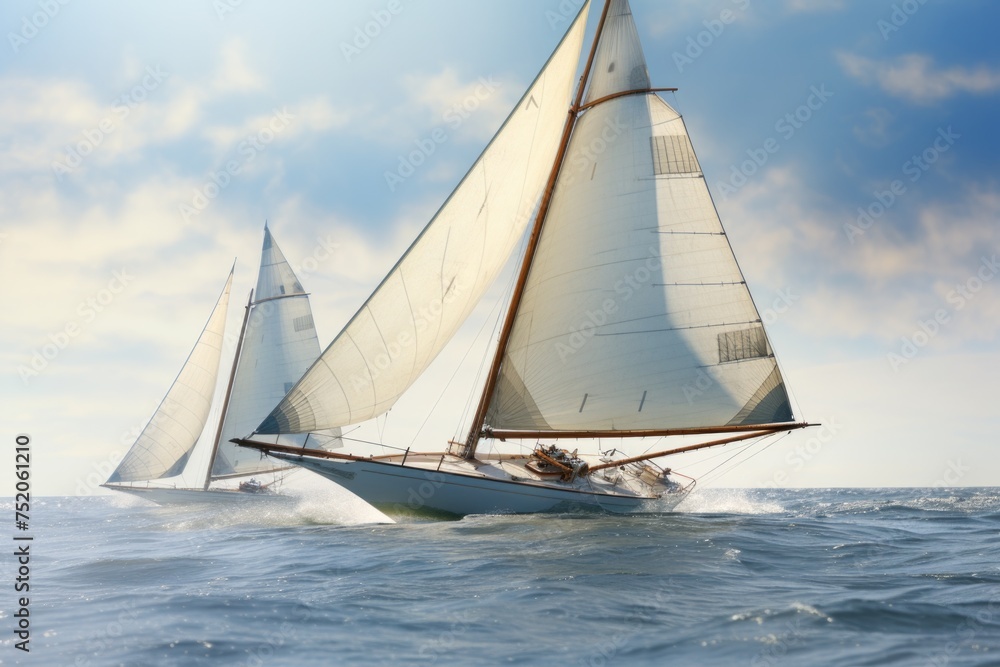 Two sailboats sailing in the open ocean. Suitable for travel and adventure concepts