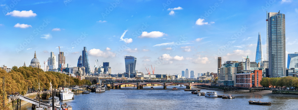 Panorama from Waterloo bridge to river Thames and London City