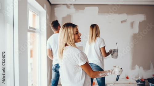 Young married couple with friends painting the walls, happily renovating a newly purchased house photo