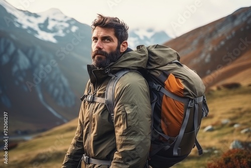 A man with a backpack standing in the mountains. Suitable for outdoor adventure concept