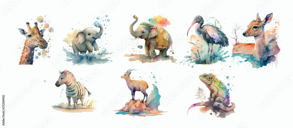Fototapeta premium Watercolor Wildlife Collection: Artistic Illustrations of Giraffe, Elephants, Zebra, Antelope, Ibis, Deer and Lizard in Vivid
