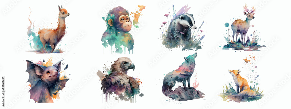 Vibrant Watercolor Wildlife Collection: A Series of Beautifully Rendered Animals in Various Poses