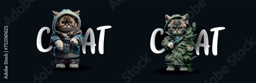 Adorable Illustrated Cats in Stylish Outfits: One Holding a Game Controller, Another with a Plant, Both Against a Dark