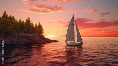 A sailboat sailing in the ocean at sunset. Suitable for travel brochures or inspirational posters