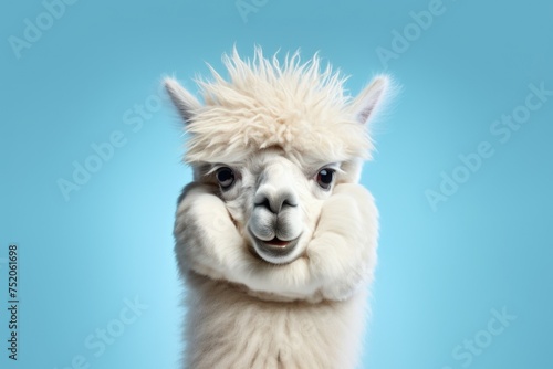 A white llama with shaggy hair on a blue background. Suitable for various design projects