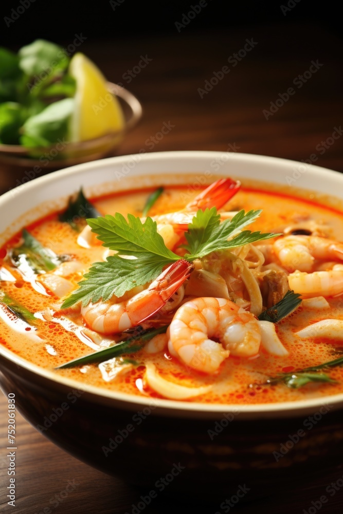 A delicious bowl of soup with shrimp and fresh vegetables. Perfect for food and cooking concepts A delicious bowl of soup with shrimp and fresh vegetables. Perfect for food and cooking concepts
