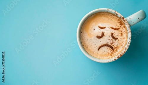 Coffee cup with sad face drawn on coffee milk foam