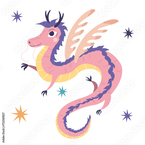 Cute pink Chinese dragon. Vector illustration  children s
