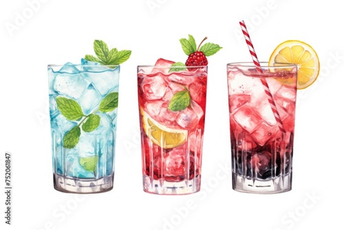 Three glasses with different beverages, suitable for food and drink concepts