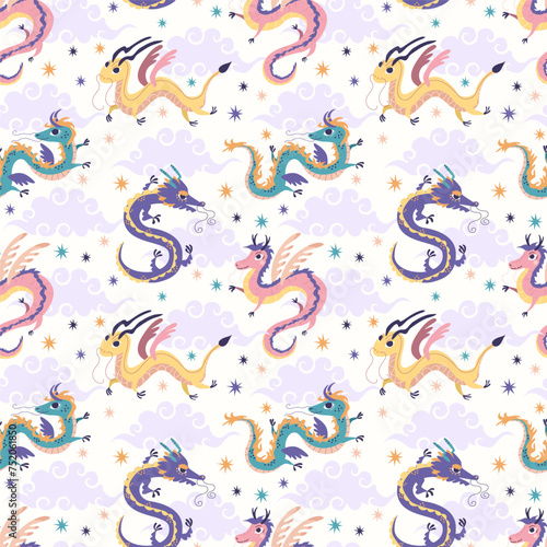 Cute Chinese dragon. Vector illustration, seamless pattern