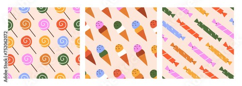 Candies, seamless patterns set. Endless sweet backgrounds. Lollipop, ice-cream cones, confectionery, repeating prints, textures for wrapping, textile, fabric design. Colored flat vector illustrations