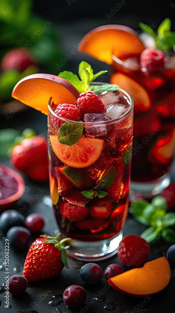 Spanish Sangria with red wine, fresh fruit, brandy and soda Spanish Sangria with red wine, fresh fruit, brandy and soda