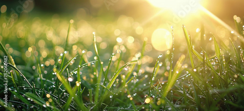 Morning dew on fresh green grass with sunlight. Nature and freshness.