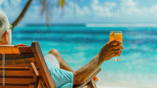 Happy retired elderly man sitting on a lounge chair, drinking cocktail on the beach enjoying his vacation