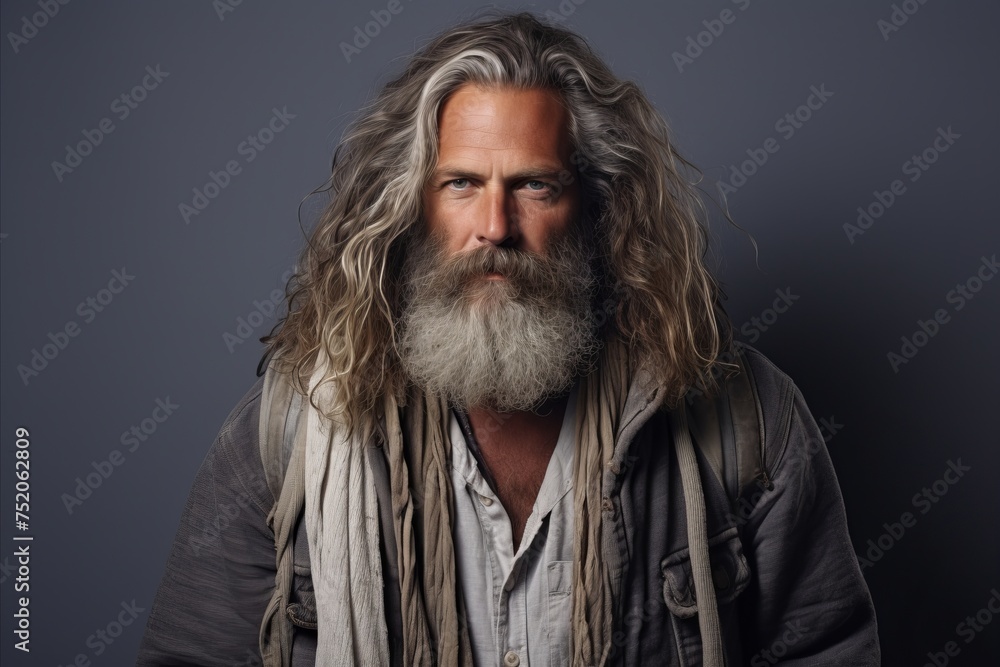 Portrait of a long-haired bearded man with long gray hair. Portrait of a long-haired bearded man with long gray hair.