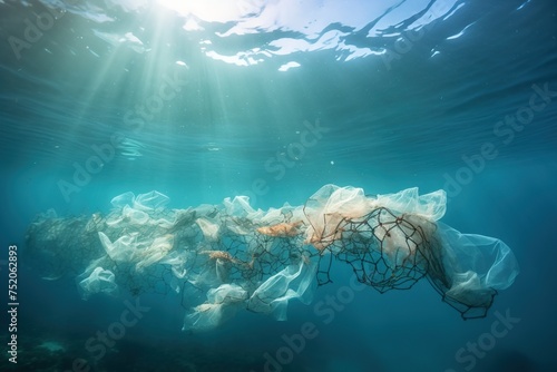 Fish and plastic pollution. Envrionmental problem - plastics contaminate seafood. photo