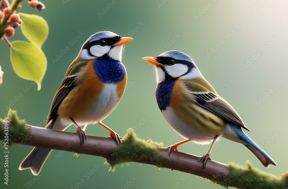 Beautiful couple of birds on the branch on blurred background.